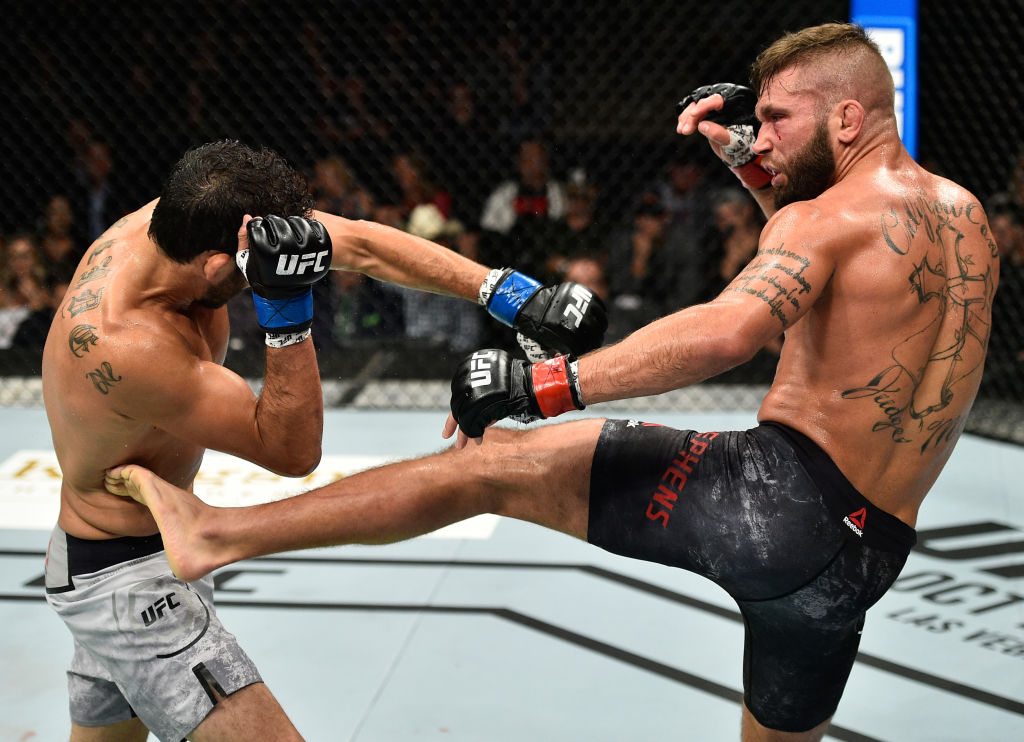 Jeremy Stephens kicks Gilbert Melendez during their bout at UFC 215