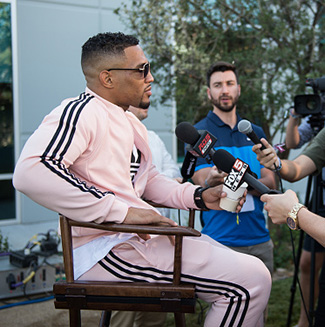 Kevin Lee speaks to the media during the UFC 215 & UFC 216 Title Bout Participants Las Vegas Media Day at the UFC Headquarters on August 24, 2017 in Las Vegas, Nevada. (Photo by Brandon Magnus/Zuffa LLC)