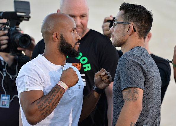 (L-R) UFC flyweight champion Demetrious Johnson and Ray Borg face off during the UFC 215 & UFC 216 Title Bout Participants Las Vegas Media Day at the UFC Headquarters on August 24, 2017 in Las Vegas, NV. (Photo by Brandon Magnus/Zuffa LLC)