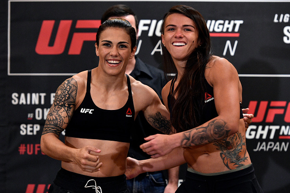 (R-L) Opponents Claudia Gadelha of Brazil and Jessica Andrade of Brazil face off during the UFC Fight Night Weigh-in at the Hilton Tokyo on Sept. 21, 2017 in Tokyo, Japan. (Photo by Jeff Bottari/Zuffa LLC)