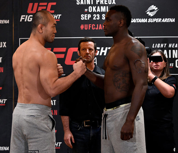(R-L) Opponents <a href='../fighter/Ovince-St-Preux'>Ovince Saint Preux</a> of the United States and <a href='../fighter/Yushin-Okami'>Yushin Okami</a> of Japan face off during the <a href='../event/UFC-Silva-vs-Irvin'>UFC Fight Night </a>Weigh-in at the Hilton Tokyo on September 21, 2017 in Tokyo, Japan. (Photo by Jeff Bottari/Zuffa LLC)“ align=“center“/><strong>OVINCE SAINT PREUX VS YUSHIN OKAMI</strong><br />Yushin Okami stunned many in the fight world when he agreed to face Ovince Saint Preux on short notice after “Shogun” Rua was forced out of Friday’s main event due to injury. But is it that surprising? Okami is on a four-fight winning streak, he’s 17-1 at home in Japan and he didn’t have to go through a miserable weight cut. He already knows how to fight, and if he can upset Saint Preux, he’s off to a nice start in his second UFC run. He loses, and he goes back to 170 pounds and starts fresh there. And luckily for him, he’s got the kind of swarming style that can take away some of OSP’s best weapons. Over five rounds, if Okami can make it a war of attrition, then anything can happen.<p><strong><a href=