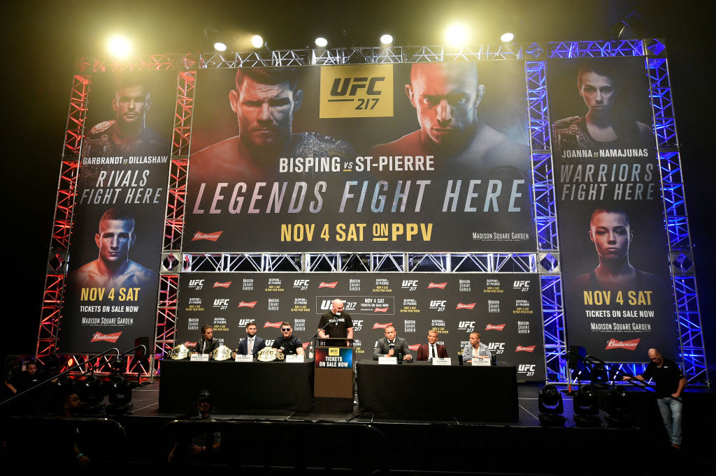 A view of the stage during the UFC 217 news conference inside T-Mobile Arena on October 6, 2017 in Las Vegas, Nevada. (Photo by Jeff Bottari/Zuffa LLC)