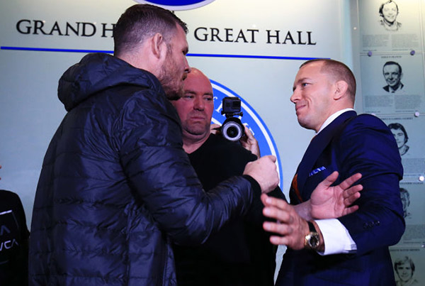 <a href='../fighter/Michael-Bisping'>Michael Bisping</a> and <a href='../fighter/Georges-St-Pierre'>Georges St-Pierre</a> face off following the UFC 217 press conference with Dana White at the Hockey Hall of Fame on October 13, 2017 in Toronto, Canada. (Photo by Vaughn Ridley/Zuffa LLC)“ align=“center“/>Over the course of his 11-year, 27-fight career in the UFC, Michael Bisping has an innate ability to make just about any situation into a personal grudge match and come up with some line of commentary designed to get under the skin of his opponent.<p>On rare occasions, the reigning middleweight champion has been known to pull back the curtain and give the audience a glimpse at his true feelings; a brief moment where he shares what he really thinks about the fight at hand.</p><p>Thursday’s UFC 217 media conference call was one of those moments as the 38-year-old standout not only made sure to get in as many verbal jabs at Georges St-Pierre as possible, but also took the time to express his admiration and respect for the returning former welterweight kingpin who looks to unseat him from the middleweight throne on Nov. 4 at Madison Square Garden.</p><p><img class=