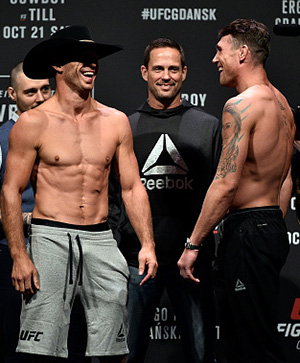 (L-R) Opponents Donald Cerrone and Darren Till of England face off during the UFC Fight Night Weigh-in inside Ergo Arena on October 20, 2017 in Gdansk, Poland. (Photo by Jeff Bottari/Zuffa LLC)