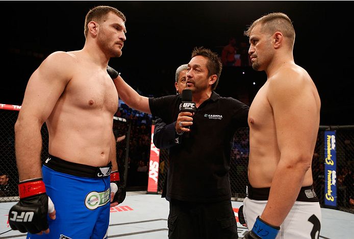 Stipe Miocic and Fabio Maldonado faceoff before their heavyweight bout in Sao Paulo in 2014