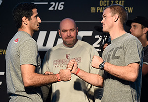 (L-R) Beneil Dariush of Iran and Evan Dunham face off during the UFC 216 Ultimate Media Day on October 4, 2017 in Las Vegas, NV (Photo by Brandon Magnus/Zuffa LLC)