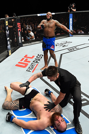 Derrick Lewis (top) celebrates after defeating <a href='../fighter/Travis-Browne'>Travis Browne</a> in their heavyweight fight during the <a href='../event/UFC-Silva-vs-Irvin'>UFC Fight Night </a>event inside the Scotiabank Centre on February 19, 2017 in Halifax, Nova Scotia, Canada. (Photo by Josh Hedges/Zuffa LLC)“ align=“right“/>Following his loss to <a href=