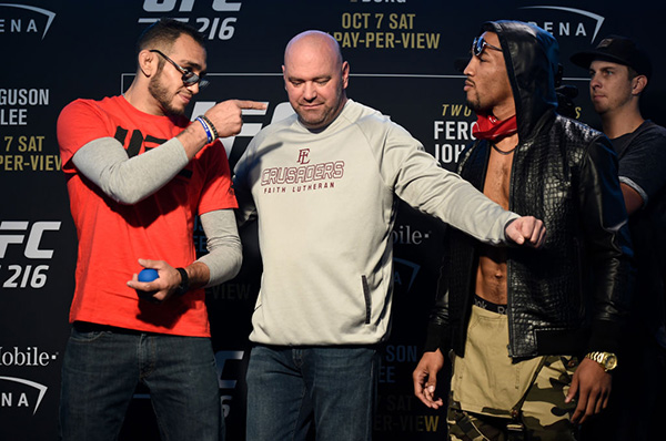 (L-R) Tony Ferguson and Kevin Lee face off during the UFC 216 <a href='../event/<a href='../event/Ultimate-Brazil'>Ultimate-</a>Brazil’>Ultimate </a>Media Day on October 4, 2017 in Las Vegas, Nevada. (Photo by Brandon Magnus/Zuffa LLC)“ align=“left“/>In the immediate aftermath of his bout with Nurmagomedov being scuttled for a third time, questions about when the former Ultimate Fighter winner would return to action and whom he would face were plentiful.</p><p>Then in June, Ferguson was serving as one of the analysts for the FS1 studio show covering the Fight Night event in Oklahoma City headlined by Lee and <a href=