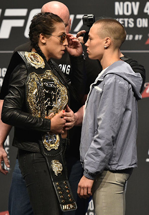 Joanna Jedrzejczyk and Rose Namajunas face off during the UFC 217 news conference inside T-Mobile Arena on October 6, 2017 in Las Vegas, Nevada. (Photo by Jeff Bottari/Zuffa LLC)