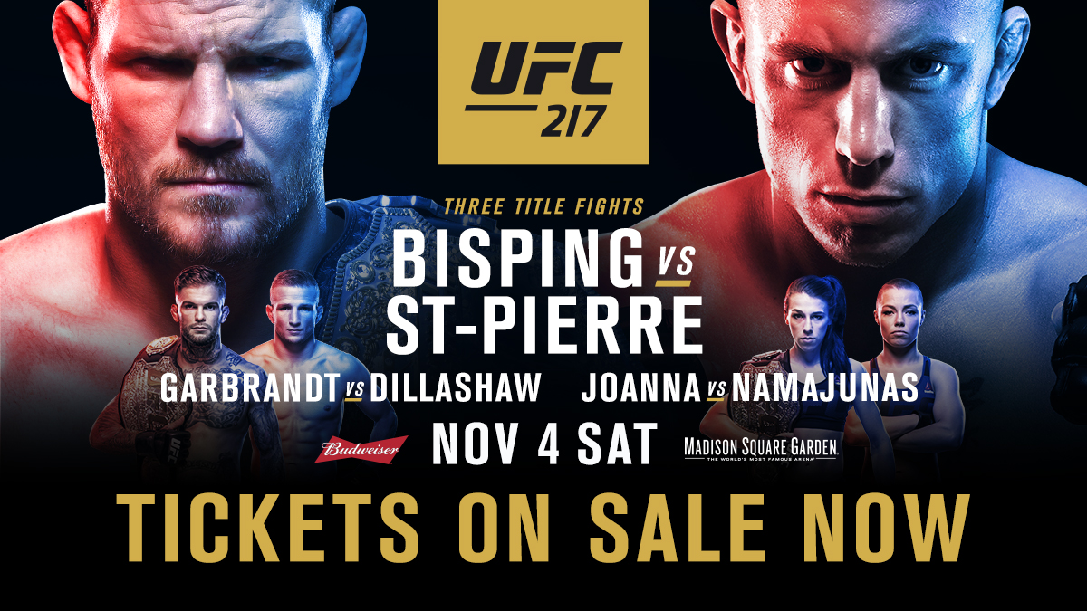 UFC 217 will be the UFC's second show at Madison Square Garden, the iconic arena where combat sports greats have built their legacy. Legends Bisping and St-Pierre look to cement theirs in the can't-miss main event in the year's biggest show. Head to UFC.com/tickets now to be a part of the historic event.