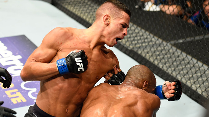 KANSAS CITY, MO - APRIL 15: (L-R) Tom Duquesnoy of France punches Patrick Williams in their bantamweight fight during the UFC Fight Night event at Sprint Center on April 15, 2017 in Kansas City, Missouri. (Photo by Josh Hedges/Zuffa LLC)