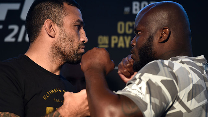 LAS VEGAS, NV - OCTOBER 04: (L-R) Fabricio Werdum of Brazil and Derrick Lewis face off during the UFC 216 Ultimate Media Day on October 4, 2017 in Las Vegas, Nevada. (Photo by Brandon Magnus/Zuffa LLC)