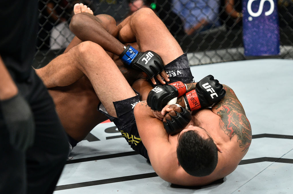 LAS VEGAS, NV - OCTOBER 07: (R-L) Fabricio Werdum of Brazil secures an arm bar submission against Walt Harris in their heavyweight bout during the UFC 216 event inside T-Mobile Arena on October 7, 2017 in Las Vegas, Nevada. (Photo by Jeff Bottari/Zuffa LLC)
