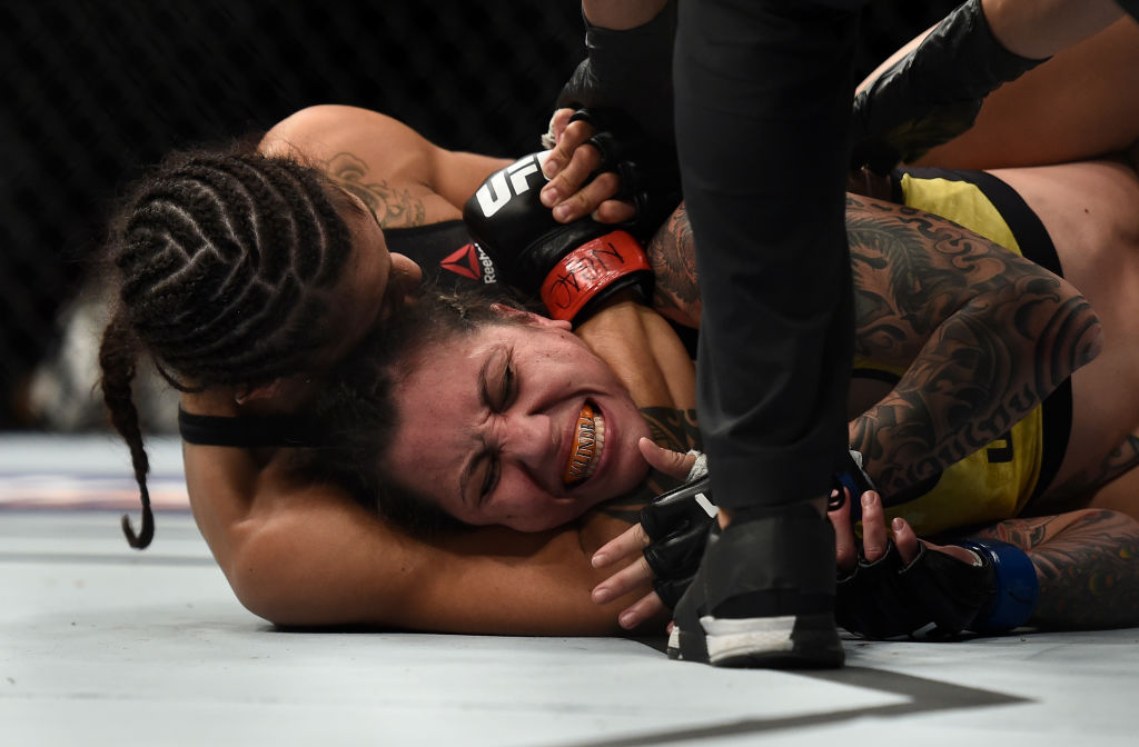 LAS VEGAS, NV - OCTOBER 07: (L-R) Mara Romero Borella of Italy secures a rear choke submission against Kalindra Faria of Brazil in their women's flyweight bout during the UFC 216 event inside T-Mobile Arena on October 7, 2017 in Las Vegas, Nevada. (Photo by Brandon Magnus/Zuffa LLC)