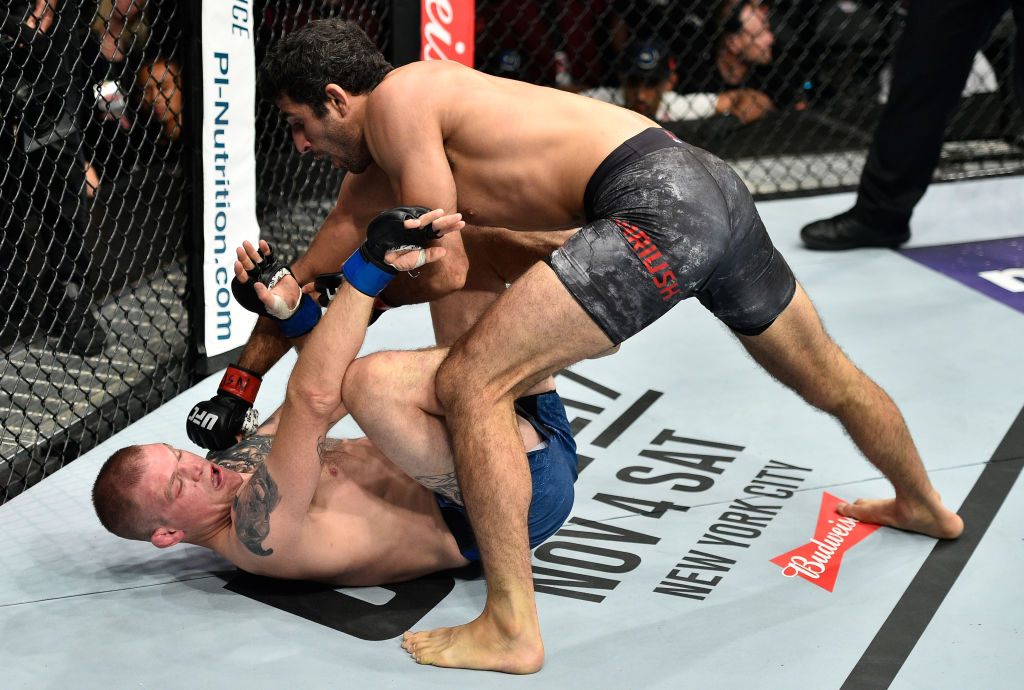 LAS VEGAS, NV - OCTOBER 07: (R-L) Beneil Dariush of Iran punches Evan Dunham in their lightweight bout during the UFC 216 event inside T-Mobile Arena on October 7, 2017 in Las Vegas, Nevada. (Photo by Jeff Bottari/Zuffa LLC)