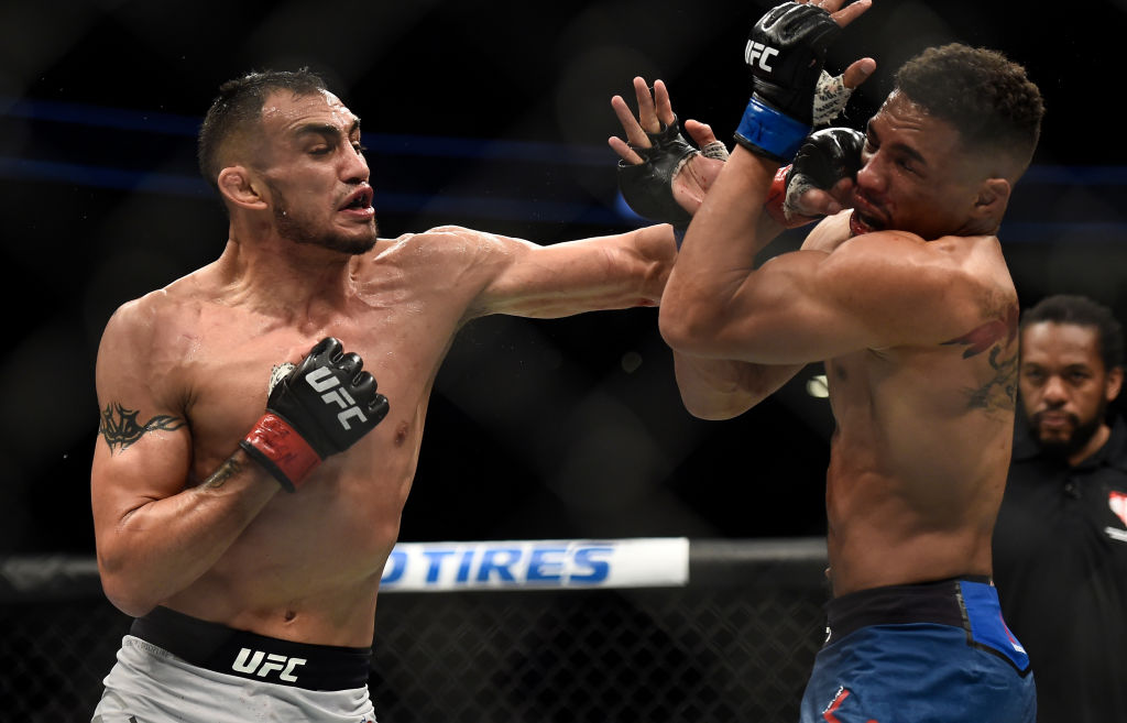 LAS VEGAS, NV - OCTOBER 07: (L-R) Tony Ferguson punches Kevin Lee in their interim UFC lightweight championship bout during the UFC 216 event inside T-Mobile Arena on October 7, 2017 in Las Vegas, Nevada. (Photo by Brandon Magnus/Zuffa LLC)
