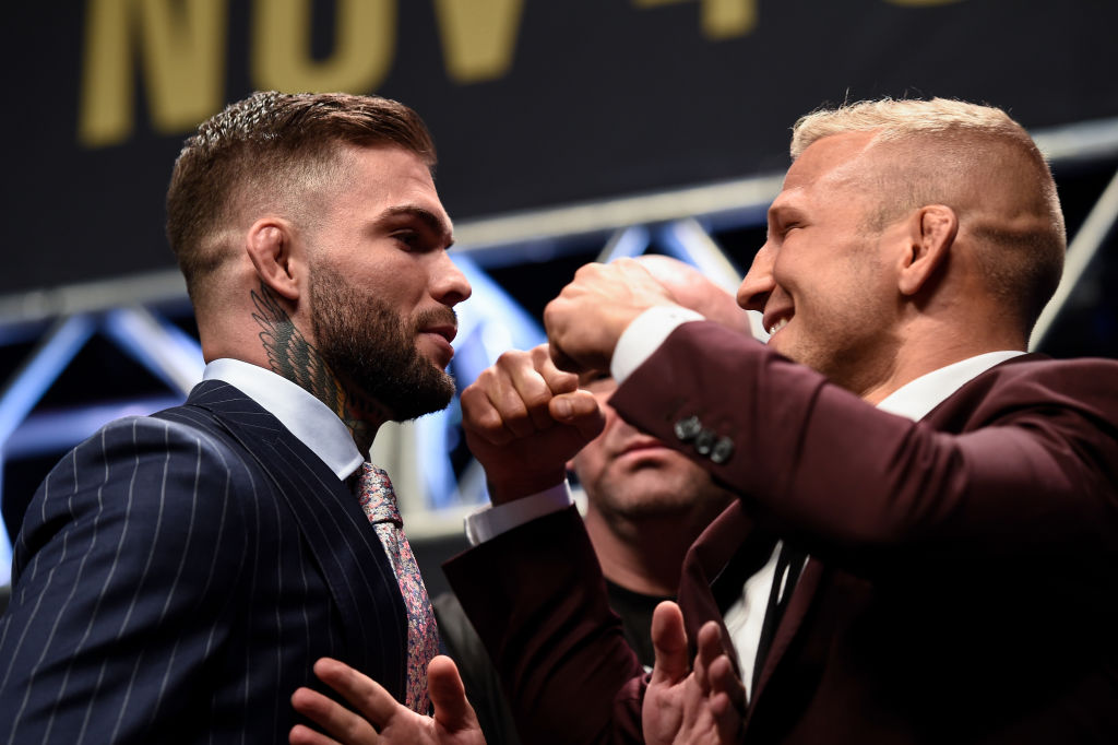 (L-R) Opponents Cody Garbrandt and TJ Dillashaw face off during the UFC 217 news conference inside T-Mobile Arena on October 6, 2017 in Las Vegas, Nevada. (Photo by Brandon Magnus/Zuffa LLC)