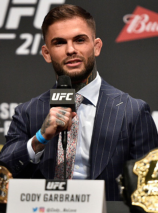 UFC bantamweight champion <a href='../fighter/cody-garbrandt'>Cody Garbrandt</a> interacts with fans and media during the UFC 217 news conference inside T-Mobile Arena on October 6, 2017 in Las Vegas, Nevada. (Photo by Jeff Bottari/Zuffa LLC)“ align=“right“/> Positioned alongside their upcoming opponents on Wednesday’s media conference call, bantamweight titleholder Cody Garbrandt and strawweight queen <a href=
