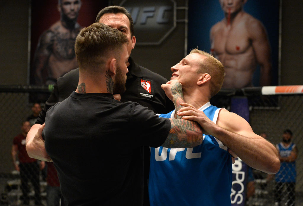 LAS VEGAS, NV - MARCH 01: (L-R) UFC bantamweight champion Cody Garbrandt and TJ Dillashaw face off during the filming of The Ultimate Fighter: Redemption at the UFC TUF Gym. (Photo by Brandon Magnus/Zuffa LLC)