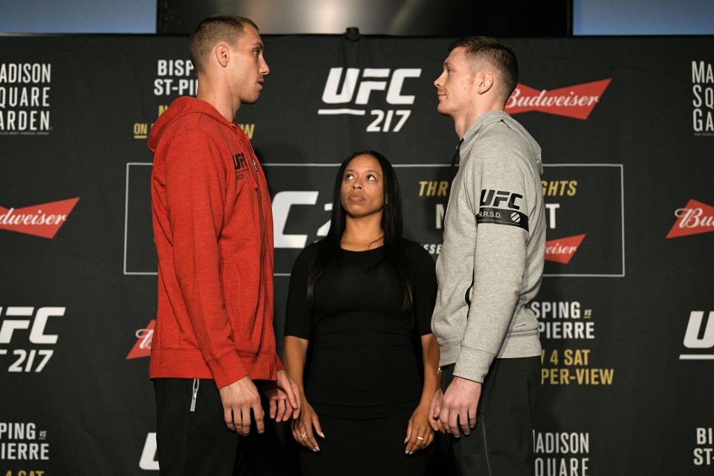 NEW YORK, NY - NOV. 01: (L-R) Opponents James Vick and Joe Duffy face off during the UFC 217 Ultimate Media Day inside the Theater Lobby at Madison Square Garden. (Photo by Jeff Bottari/Zuffa LLC)