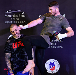 (L-R) <a href='../fighter/Dan-Hardy'>Dan Hardy</a> ‘speaks’ with Michael Bisping of England after his open workout session inside the Kerry Hotel Pudong on Nov. 23, 2017 in Shanghai, China. (Photo by Brandon Magnus/Zuffa LLC)“ align=“left“/>“He’s a helluva fighter,” Bisping said of his opponent. “He’s young, he’s never been knocked out or stopped, he’s got a big ol’ head, so he’s got a good chin. Great wrestler, good athlete, good speed for his build, good striker. It’s a tough fight, man. I know it is. I’ve got nothing but respect for Kelvin. He’s a strong, young up and comer that’s dangerous.”</p><p>Yet as Bisping points out, the way he sees it, this isn’t about Gastelum. It’s about a former champ getting some peace of mind after the loss to St-Pierre, his first defeat since 2014.</p><p>“This is more about me and me taking a fight for my mental space,” he said. “For my coaches and everyone that supported me, I want to try and get back in the win column ASAP.”</p><p>There are easier pursuits for someone approaching 40. Like golf, right?</p><p>“True,” Bisping laughs. “But I think I’m better suited to getting punched in the face.”</p><p>Spoken like a true fighter.</p></div></div></div><div class=