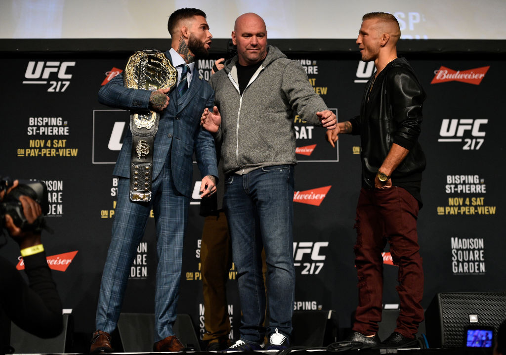 (L-R) Opponents <a href='../fighter/cody-garbrandt'>Cody Garbrandt</a> and <a href='../fighter/TJ-Dillashaw'>TJ Dillashaw</a> face off during the UFC 217 Press Conference inside Madison Square Garden on November 2, 2017 in New York City. (Photo by Jeff Bottari/Zuffa LLC)“/>Unsatisfied with his opponent <a href=