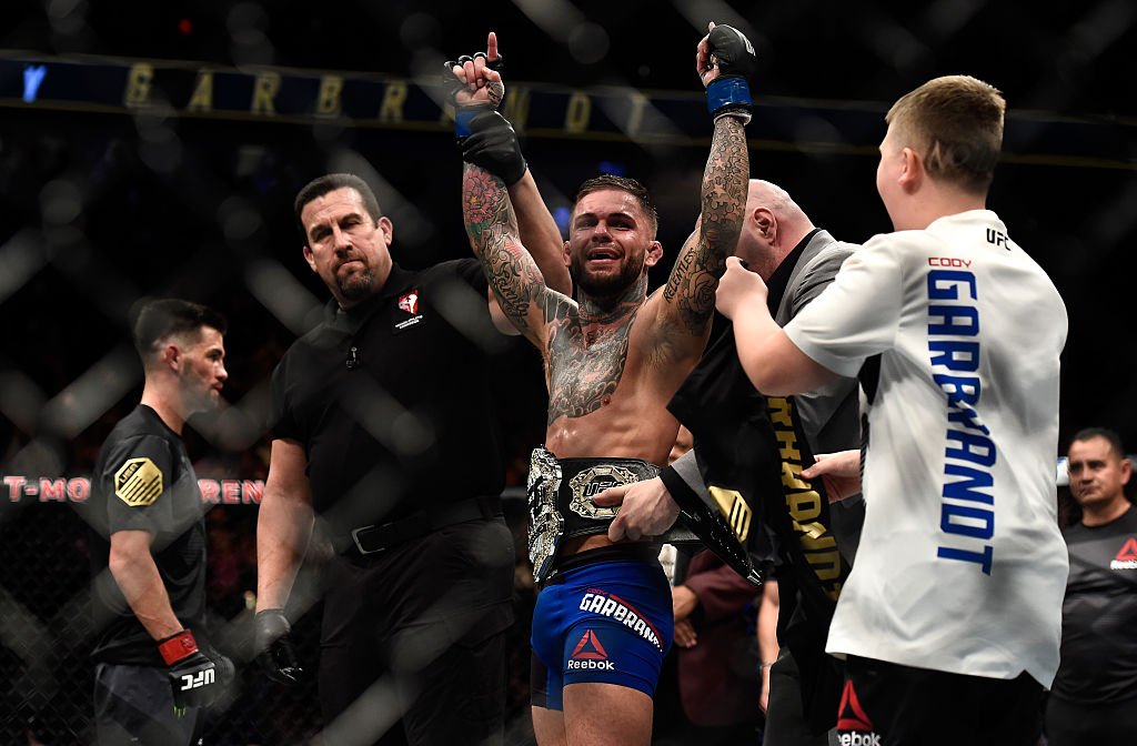 Cody Garbrandt celebrates his victory over Dominick Cruz during the UFC 207 event at T-Mobile Arena on Dec. 30, 2016 in Las Vegas, NV. (Photo by Brandon Magnus/Zuffa LLC)