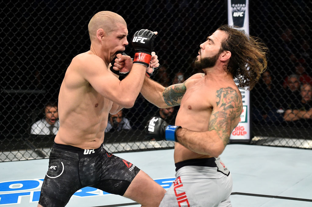 NORFOLK, VA - NOVEMBER 11: (R-L) Clay Guida punches Joe Lauzon in their lightweight bout during the UFC Fight Night event inside the Ted Constant Convention Center on November 11, 2017 in Norfolk, Virginia. (Photo by Brandon Magnus/Zuffa LLC)