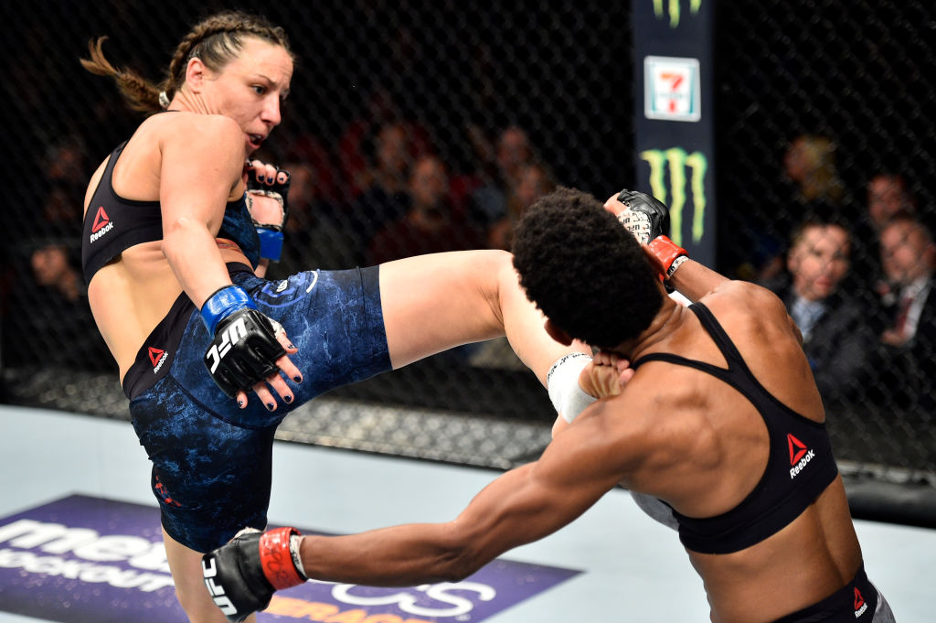 NORFOLK, VA - NOVEMBER 11: (L-R) Nina Ansaroff kicks Angela Hill in their women's strawweight bout during the UFC Fight Night event inside the Ted Constant Convention Center on November 11, 2017 in Norfolk, Virginia. (Photo by Brandon Magnus/Zuffa LLC)