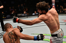 Zabit Magomedsharipov punches <a href='../fighter/Sheymon-Moraes'>Sheymon Moraes</a> on Nov. 25, 2017 in Shanghai, China. (Photo by Brandon Magnus/Zuffa LLC)“ align=“left“/>After back to back wins over <a href=