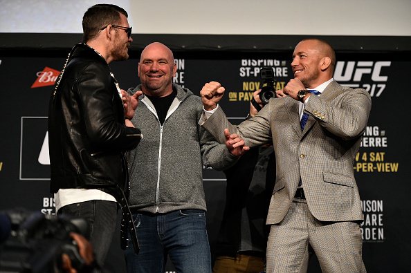 NEW YORK, NY - NOVEMBER 02: (L-R) Opponents Michael Bisping of England and Georges St-Pierre of Canada face off during the UFC 217 Press Conference inside Madison Square Garden on November 2, 2017 in New York City. (Photo by Jeff Bottari/Zuffa LLC/Zuffa LLC via Getty Images)