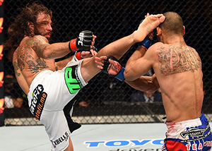 Clay Guida kicks <a href='../fighter/Robert-Peralta'>Robbie Peralta</a> in their featherweight fight during the <a href='../event/UFC-Silva-vs-Irvin'>UFC Fight Night </a>event at the Patriot Center on April 4, 2015 in Fairfax, Virginia. (Photo by Josh Hedges/Zuffa LLC)“ align=“left“/> business. Simply put, with 13 Fight of the Night bonuses between them, odds are that they’re leaving Norfolk, Virginia with a little extra in their wallets. But Guida hasn’t started pre-spending a potential bonus.</p><p>“I’m more of a saver,” he laughs. “That’s how I was always taught by my parents – don’t let it burn a hole in your pocket. I go for win bonuses. I go for the win first.”</p><p>The wins weren’t always there for the Illinois native when he competed in the featherweight division. From 2013 to 2016, Guida went 3-4 at 145 pounds, and when it was announced that he was moving back up to lightweight to face Koch, some saw it as a last ditch effort to resurrect his career. His reasoning was different.</p><p>“It was about having fun and enjoying it again,” he said. “We always had fun, we had success, we beat some of the best, and we lost some close ones to some of the best in the lightweight division inside the UFC and outside the UFC in <a href=