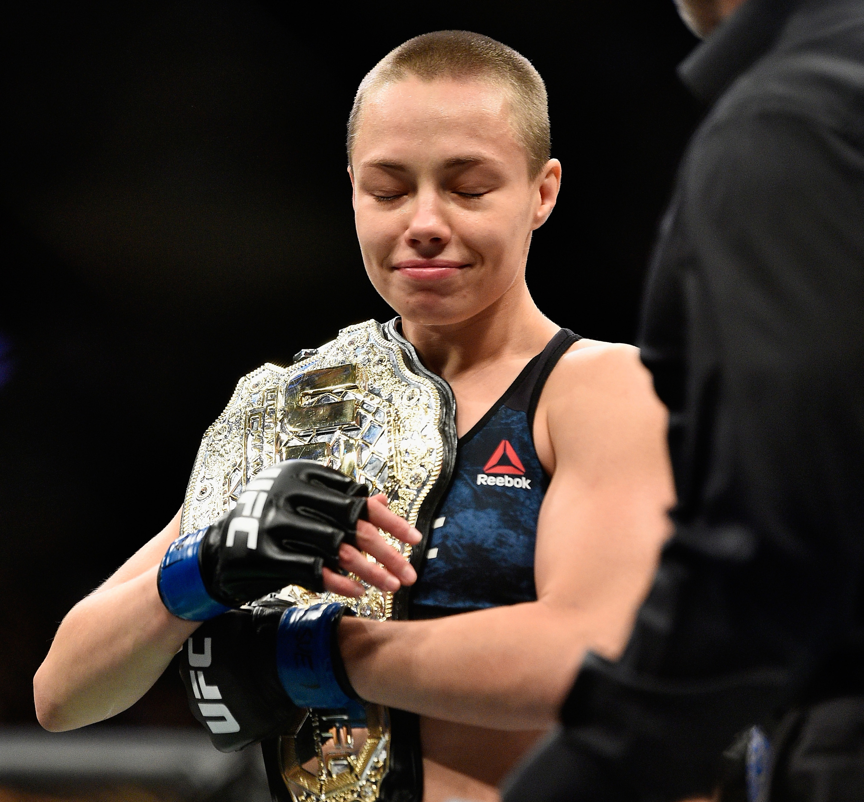 NEW YORK, NY - NOVEMBER 04: Rose Namajunas accepts her championship belt after defeating Joanna Jedrzejczyk of Poland in their UFC women's strawweight championship bout during the UFC 217 event at Madison Square Garden on November 4, 2017 in New York City. (Photo by Jeff Bottari/Zuffa LLC/Zuffa LLC via Getty Images)