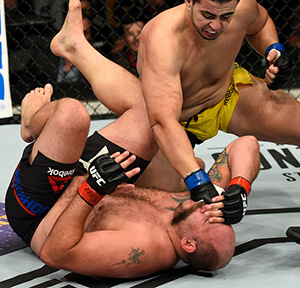 Junior Albini punches <a href='../fighter/timothy-johnson'>Timothy Johnson</a> in their heavyweight bout during the UFC Fight Night event inside the Nassau Veterans Memorial Coliseum on July 22, 2017 in Uniondale, New York. (Photo by Josh Hedges/Zuffa LLC)“ align=“left“/>The Brazilian heavyweight ran his winning streak to double digits with a first-round stoppage win over Timothy Johnson in his promotional debut back in July, earning a Performance of the Night bonus for his efforts.</p><p>Following his victory, Albini spoke to reporters about being unable to afford toys for his young daughter, who played with empty shampoo bottles instead. With another win under his belt and a cool fifty grand in his back pocket, there was sure to be some celebratory moments in the Albini house after that one.</p><p>Feel-good story aside, the Astra Fight Team member is an intriguing new addition to the heavyweight ranks. At 26, he’s one of the youngest fighters in the division and with 10 straight victories and 12 stoppages in 14 wins overall, it’s easy to see why many observers are excited to see how Albini does when he steps into the Octagon with former champion <a href=