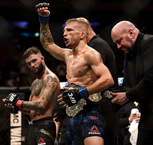 TJ Dillashaw celebrates his knockout victory over <a href='../fighter/cody-garbrandt'>Cody Garbrandt</a> in their UFC bantamweight championship bout during the UFC 217 event inside Madison Square Garden on November 4, 2017 in New York City. (Photo by Brandon Magnus/Zuffa LLC)“ align=“left“/>Once the feel good story of MMA after his upset of <a href=