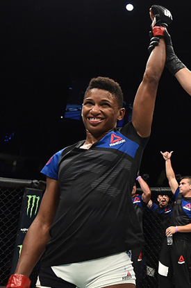 Angela Hill celebrates after her unanimous-decision victory over <a href='../fighter/ashley-yoder'>Ashley Yoder</a> in their women’s strawweight bout during <a href='../event/The-Ultimate-Fighter-T-Rampage-vs-T-Forrest-Finale'><a href='../event/The-Ultimate-Fighter-Finale-Team-Nog-vs-Team-Mir'><a href='../event/The-Ultimate-Fighter-Team-Liddell-vs-Team-Ortiz-FINALE'><a href='../event/TUF13-finale'><a href='../event/the-ultimate-fighter-a-champion-will-be-crowned'>The Ultimate Fighter Finale </a></a></a></a></a>at T-Mobile Arena on July 7, 2017 in Las Vegas, Nevada. (Photo by Brandon Magnus/Zuffa LLC)“ align=“right“/>Another outstanding fight to watch on the preliminary portion of the card is this strawweight showdown between Angela Hill and Nina Ansaroff. Both fighters are coming off impressive wins in recent fights and they will try to make a push into the rankings with a win on Saturday night.</p><p>Hill is best known for her striking, where she lands consistently with good speed, very solid volume and great accuracy. Hill is averaging just under five significant strikes landed per minute while hitting her target more than 50 percent of the time. She’s got good speed as well and she also uses knees and elbows very well on the inside. For this fight, however, Hill might not engage as much in the clinch with Ansaroff being a very dangerous fighter on the mat.</p><p>Ansaroff just capped off her first UFC win with a submission and she’s got plenty of grappling in her back pocket to show off if this fight hits the ground. Ansaroff is a bruising fighter for the strawweight division and she will be the bigger athlete in this contest as well. Ansaroff is no slouch on the feet, but her greatest weapon could be taking Hill to the ground and testing out her submission defense. Ansaroff definitely has an advantage on the mat and she’d be wise to ground Hill’s striking attacks by putting her on her back and making her fend off submission attempts.</p><p>Still, Hill has looked better than ever since returning to the UFC and she even survived a firefight with former title contender <a href=