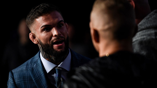 NEW YORK, NY - NOV. 02: (L-R) UFC bantamweight champion Cody Garbrandt and TJ Dillashaw face off during the UFC 217 Press Conference inside Madison Square Garden. (Photo by Brandon Magnus/Zuffa LLC)