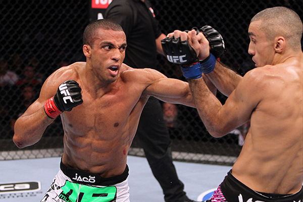 Edson Barboza (L) fights Terry Etim (R) in a lightweight bout during UFC 142 at HSBC Arena on January 14, 2012 in Rio de Janeiro, Brazil. (Photo by Josh Hedges/Zuffa LLC) 