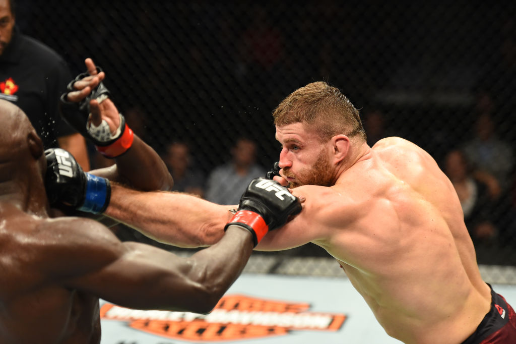 WINNIPEG, CANADA - DECEMBER 16: (R-L) Jan Blachowicz of Poland punches Jared Cannonier in their light heavyweight bout during the UFC Fight Night event at Bell MTS Place on December 16, 2017 in Winnipeg, Manitoba, Canada. (Photo by Josh Hedges/Zuffa LLC)