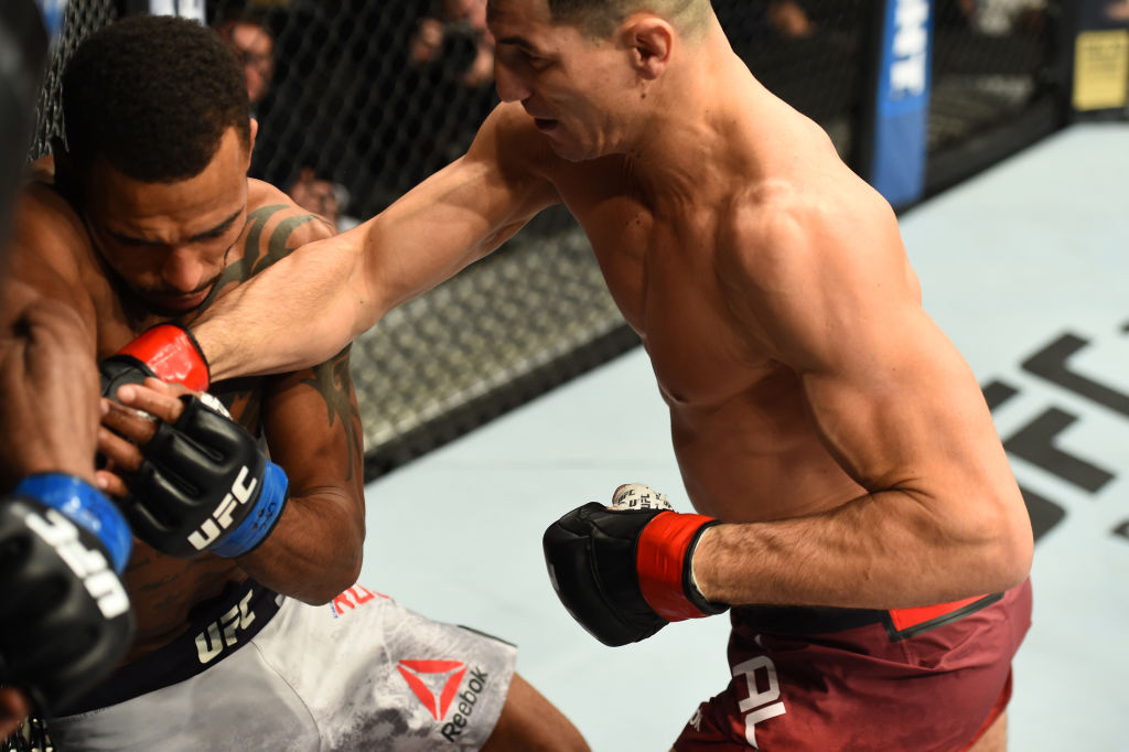 WINNIPEG, CANADA - DECEMBER 16: (R-L) Nordine Taleb of France knocks out Danny Roberts of Englandin their welterweight bout during the UFC Fight Night event at Bell MTS Place on December 16, 2017 in Winnipeg, Manitoba, Canada. (Photo by Josh Hedges/Zuffa LLC)