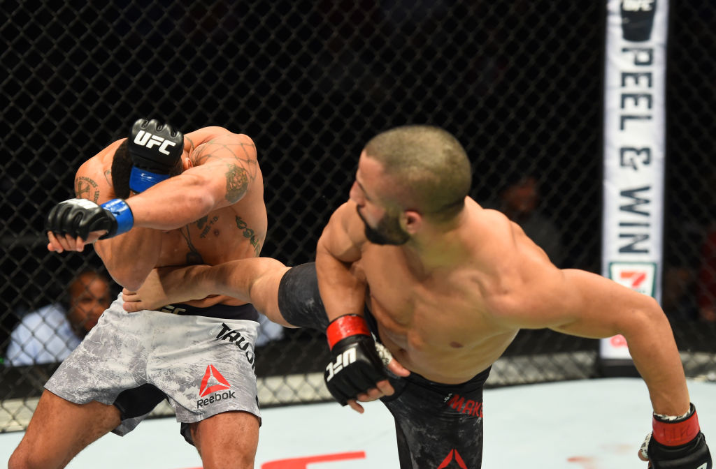 WINNIPEG, CANADA - DECEMBER 16: (R-L) John Makdessi of Canada kicks Abel Trujillo in their lightweight bout during the UFC Fight Night event at Bell MTS Place on December 16, 2017 in Winnipeg, Manitoba, Canada. (Photo by Josh Hedges/Zuffa LLC)