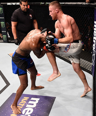 Justin Gaethje knees Michael Johnson after their lightweight bout during The Ultimate Fighter Finale at T-Mobile Arena on July 7, 2017 in Las Vegas, Nevada. (Photo by Brandon Magnus/Zuffa LLC)