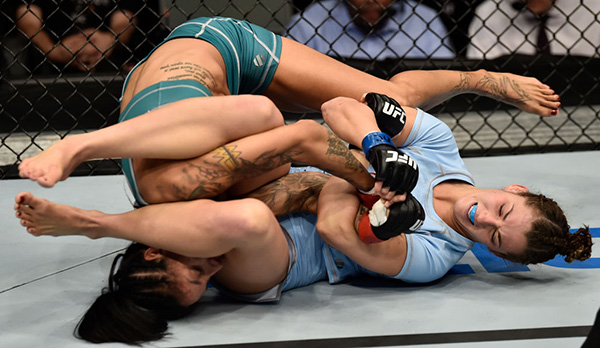 (R-L) Montana De La Rosa secures an arm bar submission against Christina Marks in their women's flyweight bout during the TUF Finale event inside Park Theater on December 01, 2017 in Las Vegas, Nevada. (Photo by Jeff Bottari/Zuffa LLC)