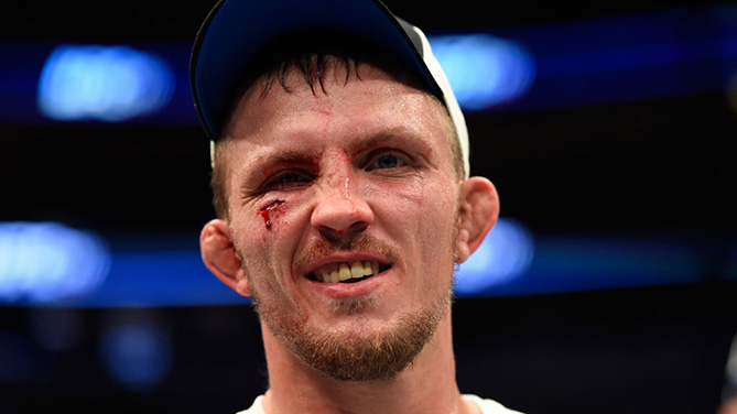 DALLAS, TX - MAY 13: Jason Knight celebrates his TKO victory over Chas Skelly in their featherweight fight during the UFC 211 event at the American Airlines Center. (Photo by Josh Hedges/Zuffa LLC)