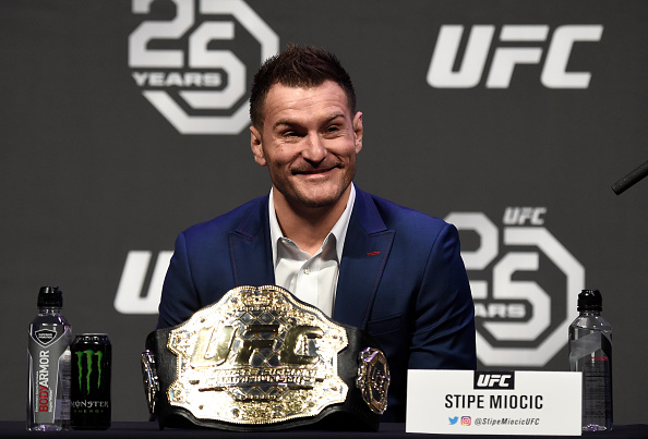 Stipe Miocic interacts with media during the UFC 220 press conference inside T-Mobile Arena on December 29, 2017 in Las Vegas, Nevada. (Photo by Jeff Bottari/Zuffa LLC)