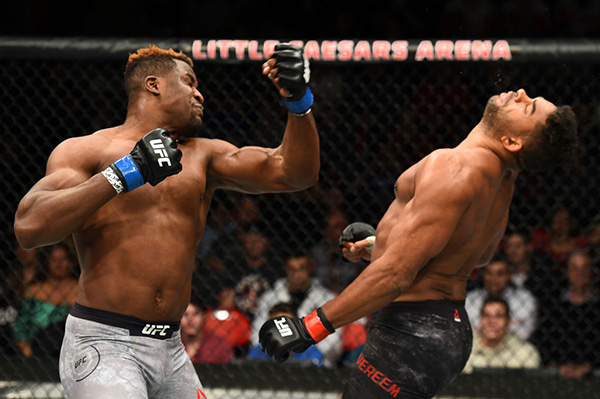 <a href='../fighter/francis-ngannou'>Francis Ngannou</a> punches <a href='../fighter/Alistair-Overeem'>Alistair Overeem</a> in their heavyweight bout during the UFC 218 event inside Little Caesars Arena on December 02, 2017 in Detroit, Michigan. (Photo by Josh Hedges/Zuffa LLC/Zuffa LLC via Getty Images)“ align=“center“/> Francis Ngannou likely secured his shot at heavyweight champion <a href=