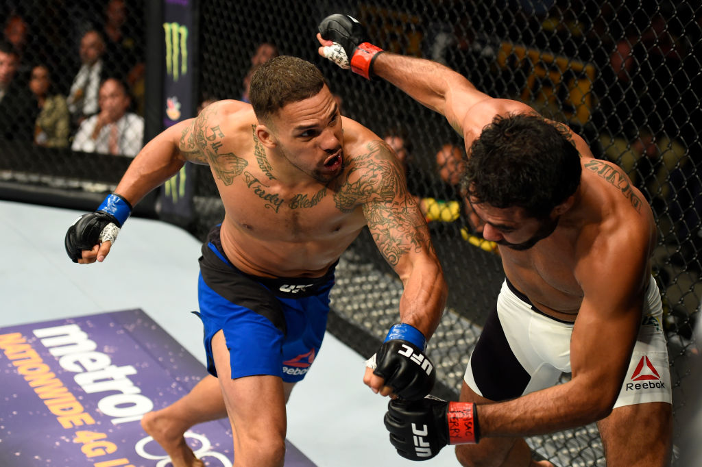 (L-R) Eryk Anders punches <a href='../fighter/rafael-natal'>Rafael Natal</a> of Brazil in their middleweight bout during the <a href='../event/UFC-Silva-vs-Irvin'>UFC Fight Night </a>event inside the Nassau Veterans Memorial Coliseum on July 22, 2017 in Uniondale, New York. (Photo by Josh Hedges/Zuffa LLC)“ align=“center“/>A member of the 2009 National champion Alabama Crimson Tide, Anders has made the same kind of impact inside the cage as he once made on the gridiron. Unbeaten through his first nine fights, the former linebacker turned middleweight prospect is a high-level athlete with serious power who should definitely be on the radar of anyone searching for the next up-and-coming contender in the middleweight division.</p><p>After amassing eight wins and six finishes over his first two years as a pro, Anders got the call to the Octagon as a late replacement for <a href=