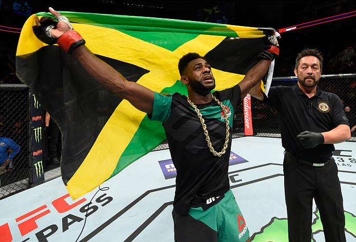 Aljamain Sterling celebrates after his win over Augusto Mendes at Fight Night Kansas City