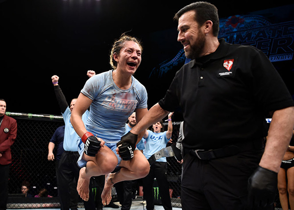 Nicco Montano celebrates her unanimous-decision victory over Roxanne Modafferi in their women's flyweight championship bout during the TUF Finale event inside Park Theater on December 01, 2017 in Las Vegas, Nevada. (Photo by Jeff Bottari/Zuffa LLC)