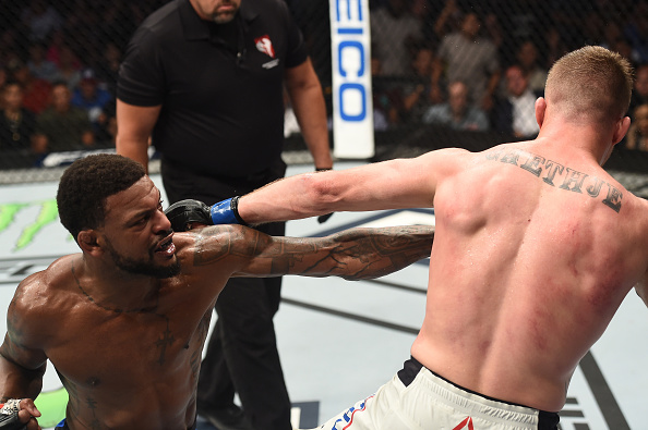 Michael Johnson punches Justin Gaethje during their bout at <a href='../event/Ultimate-Fighter-Team-Serra-vs-Team-Hughes-Finale'><a href='../event/The-Ultimate-Fighter-Team-US-vs-Team-UK-FINALE'><a href='../event/The-Ultimate-Fighter-Heavyweights-FINALE'>The Ultimate Fighter </a></a></a>in July of 2017″ align=“left“/>how dominant I can actually be. And not saying it’s because of the opponent, but because I have to dedicate myself more to get off the extra 10 to 12 pounds. I’ve been extremely motivated, working a lot harder than ever, my diet has been clean, no cheat meals ever – I don’t think I’ve had a piece of bread in almost two months. (Laughs) So it’s really been life changing for me.”</p><p>And in true Michael Johnson fashion, he didn’t ask to dip his toes in the shallow end of the featherweight pool. Instead, he’s agreed to fight one of the toughest outs in the division in Elkins.</p><p>“It is the perfect fight for me and I’m extremely excited about it,” Johnson said. “I asked for the toughest featherweight – I want the baddest guy, the toughest guy at the top. I didn’t get the very top, but I got close to it. He (Elkins) is a grinder. It’s really hard to put him away, he’s a veteran, been in the game for some time – so ask and you shall receive. I’ve got a tough fight ahead of me and that’s what I strive for. I got in the business to fight the toughest guys, and I got one my first time out.”</p><p>It’s not only an admirable stance, but a smart one, as a win over the No. 10-ranked Elkins will immediately put Johnson in the 145-pound top 15, and with a couple more victories over ranked foes, he could be looking at a title shot. That’s the plan, he says, and then he’s got some other business to tend to.</p><p>“I’m looking at this opportunity as two fights and I should be fighting whoever has that belt,” he said. “I fought everybody at ’55 pretty much, and now it’s new blood and new faces. I’m not trying to fight the whole list of ‘45ers before I get up to a title shot, and as long as I go in there and get dominant wins, they can’t hold me back from fighting for the title.</p><p>“And it’s always been my plan to hold two titles,” Johnson continues. “Before Conor (McGregor) came in and did it, that was always the plan in my head, to take the ’45 and ’55 titles. It was just a matter of which one was gonna come first and how the tides rolled in. So this is my chance. I’m definitely keeping my eye on ’55, and if any opportunity comes up for a big fight, I’m easily gonna put my name in the hat, like I always do.”</p><p>And he always will.</p><div class=